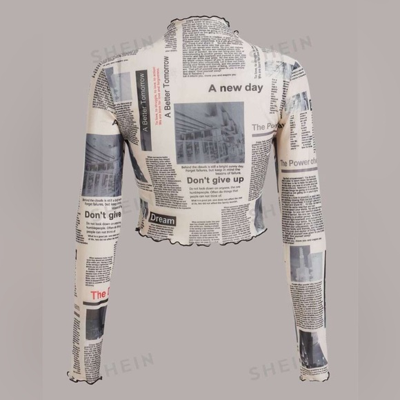 NWT X Sanya Newspaper Print Lettuce Trim Mock Neck Crop Mesh Top Small - Picture 2 of 7